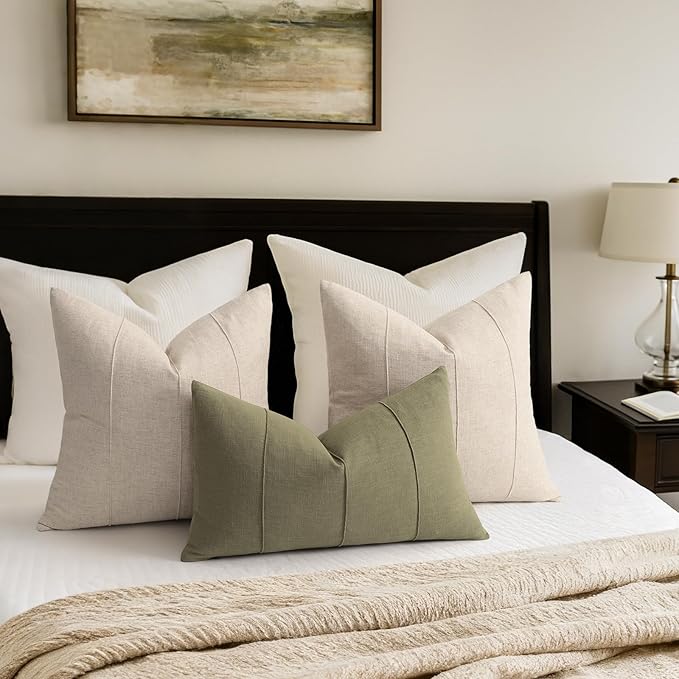 Decorative Linen Throw Pillow Covers 20x20 Set of 2 Solid handcrafted Striped Cushion Covers for Bed Soft Modern Farmhouse Neutral Pillowcase for Couch Bedroom Living Room Home Decor(Natural Beige)