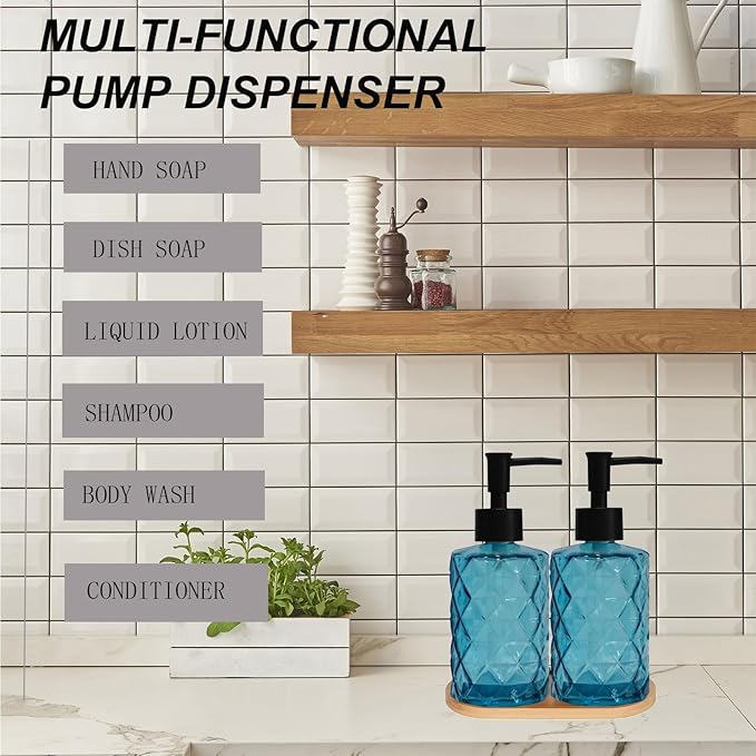 Glass Hand and Dish Soap Dispenser Set of 2 with Plastic Pumps, Bamboo Tray, 12oz Blue Bathroom Soap Dispenser with Diamond for Hand Wash & Dish Wash, Ideal for Bathroom Kitchen Countertop