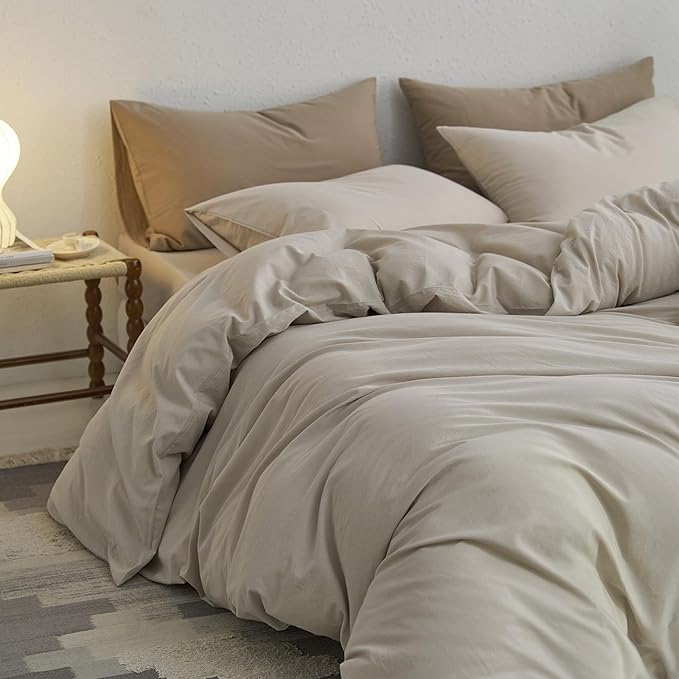 MooMee Twin Duvet Cover Set, 100% Washed Cotton Linen Like Twill Thick Sturdy Material Super Soft Breathable Durable Bedding for All Season, 2 Pieces (Cream Grey, Twin 68"x90")