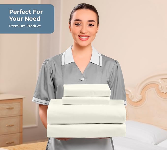ROYALE LINENS 100% Organic Cotton Queen Sheet Set - Percale Weave - 4 Pieces Set - 1 Flat, 1 Deep Pocket Fitted Sheet and 2 Pillowcases - Ivory Bed Sheets - Sábanas Queen - Crisp Cool (Ivory)