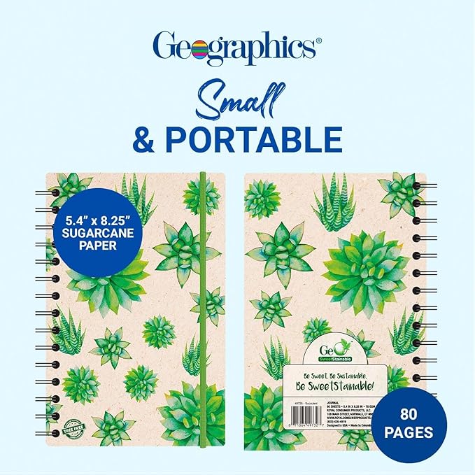 Geographics Eco Journal 5.4" x 8.25", Tree-Free Spiral Notebook with 70 gsm Sugar Cane Paper, Daily Nature Journal with Double-Wire Binding & Elastic Band, 80 Sheets, Cactus