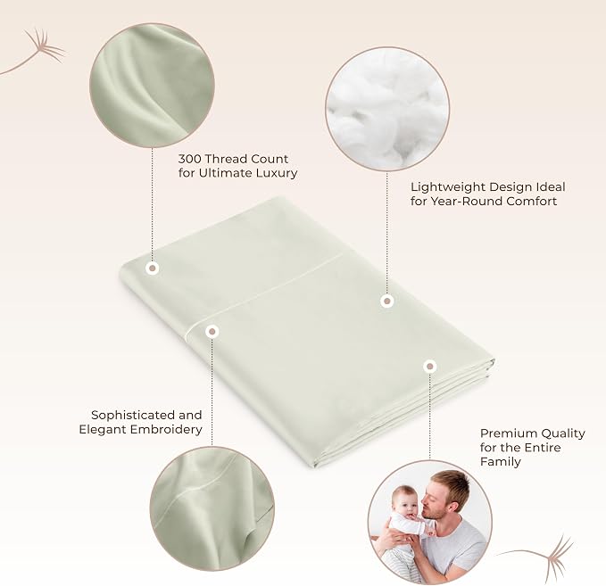Certified Organic Queen Flat Sheet Only - 100% Organic Cotton Top Sheet with Luxurious Soft and Breathable 300 Thread Count Sateen Weave Finish - GOTS & Fairtrade Certified (Pastel Green, Queen)