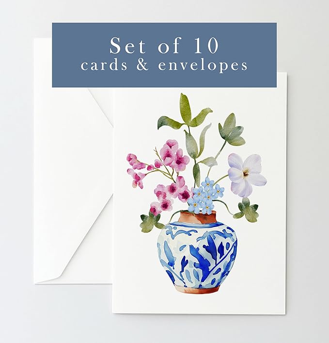 Ginger Jar with Wildflowers Greeting Cards - Set of 10 All Occasion 5x7 Note Cards with Envelopes. Blank Inside. Hand-Drawn Watercolor Floral Bouquet in Blue Chinoiserie Vase.