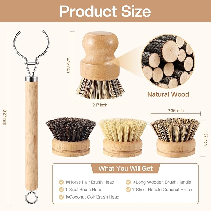 5 Pcs Bamboo Wood Dish Brush Set Includes 1 Wooden Handle with 3 Natural Replaceable Bristle Heads and 1 Handheld Bamboo Wok Brush Scrubber for Dishes Pans Pots Fruit and Veggie Washing(Style A)
