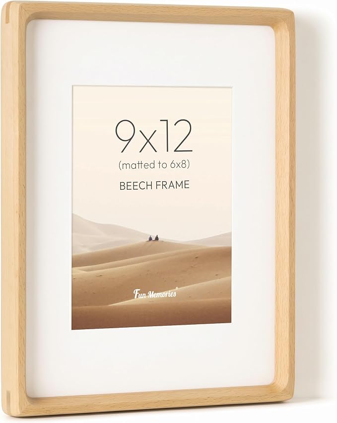 Fun Memories 9x12 Picture Frame, USA-Sourced Beech Wood Photo Frames with HD Tempered Glass, Handcrafted Rounded Corner 9 x 12 Wooden Frames Matted to 6x8 Photos, 9x12 Frame, Tabletop or Wall Display