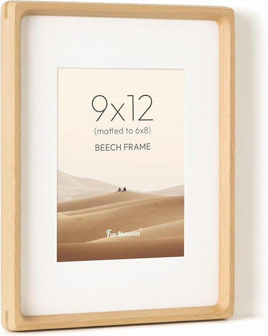 Fun Memories 9x12 Picture Frame, USA-Sourced Beech Wood Photo Frames with HD Tempered Glass, Handcrafted Rounded Corner 9 x 12 Wooden Frames Matted to 6x8 Photos, 9x12 Frame, Tabletop or Wall Display