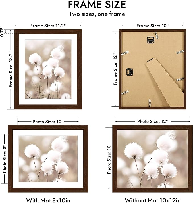 Hongkee 10x12 Oak Wood Picture Frame 1 Pack(Matted 8x10), Real Glass Cover | Walnut, 10 x 12 Solid Wood Frame for Wall or Tabletop Display - Includes Easel Back, Vertical Hang - Ideal for Home, Office