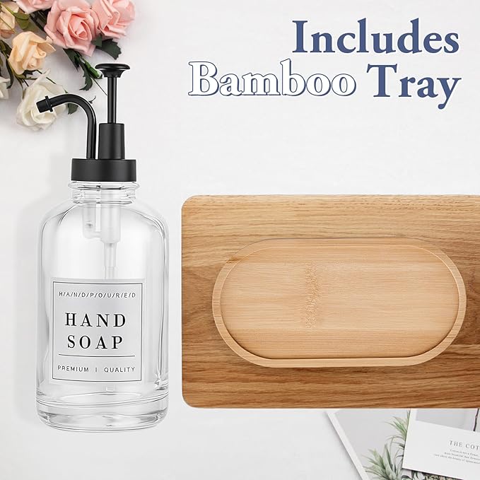 Glass Soap Dispenser with Pump,Tray,Funnel, Countertop Soap and Lotion Dispenser Set of 2 with 60 Stickers, Dish and Hand Soap Dispenser Bottle for Kitchen,Bathroom,Shower, 500ml/16.9oz