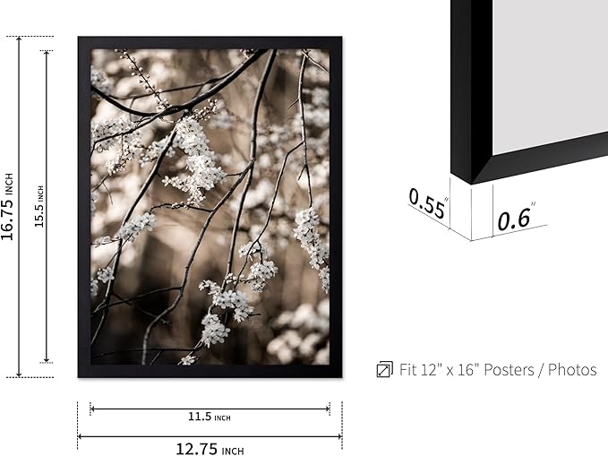 Monem Art Cherry Blossom Branch Photography Print - Moody Botanical Nature Art Poster - Wall Decor for Living Room, Bedroom or Office - 12x16 Black Framed Wall Art by Mareike Bohmer