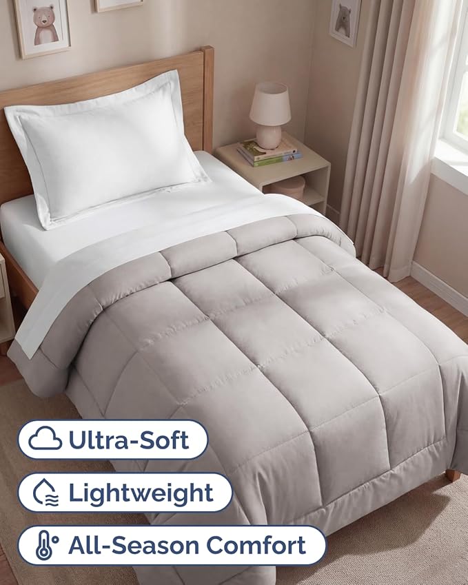 Twin Size, Light Gray Alternative Down Comforter - Warm, Lightweight & Breathable Hotel Quality Bedding for Men, Women, Kids and Teens - All Season Oversized Cooling Microfiber Duvet Insert Comforter