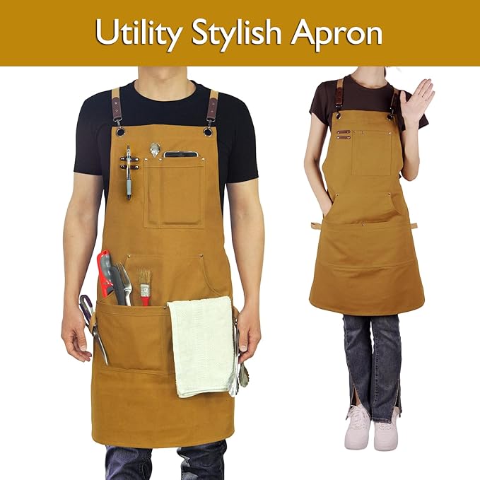 10 Pack Kitchen Apron, Work Apron, Canvas Apron, Khaki | Multiple Pockets, Gardening, Painting, BBQ, Artist, Carpenter, Sizes M to XXL