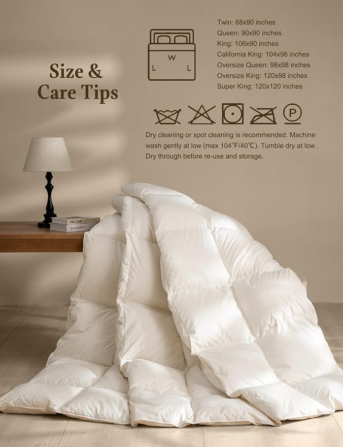 BPC Goose Feather Down Fiber Comforter Queen Size – 100% Organic Cotton Cover, 750 Fill Power Extra Fluffy All Season Duvet Insert, Medium Warmth (90"x90", White)