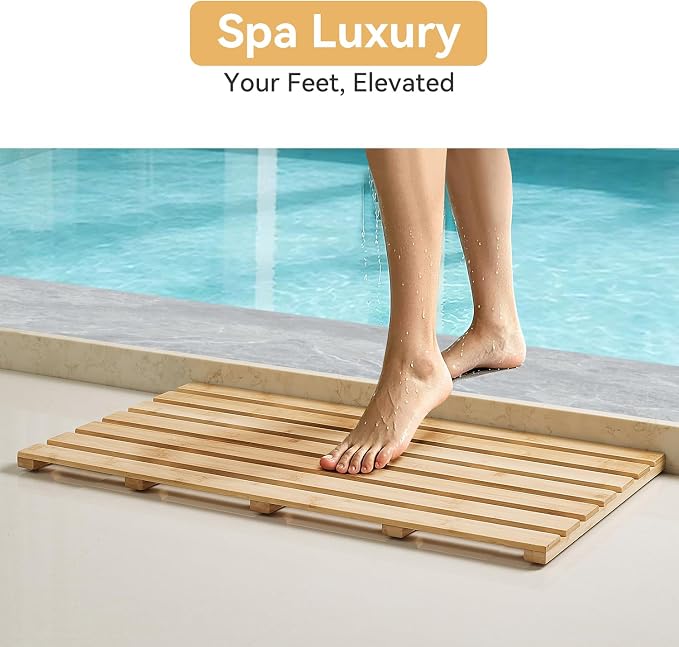 Bamboo Bath Mat for Tub, Non Slip Bath Mat for Shower, Waterproof Wood Bath Mat for Tub, Shower, Swimming Pool, Indoor ＆ Outdoor (31.3"*18.1")