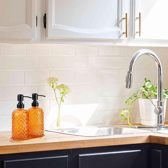 12Oz Glass Soap Dispenser with 304 Black Rustproof Stainless-Steel Pump, Refillable Glass Soap Dispenser for Kitchen, Bathroom, Farmhouse (2pack& Tray)
