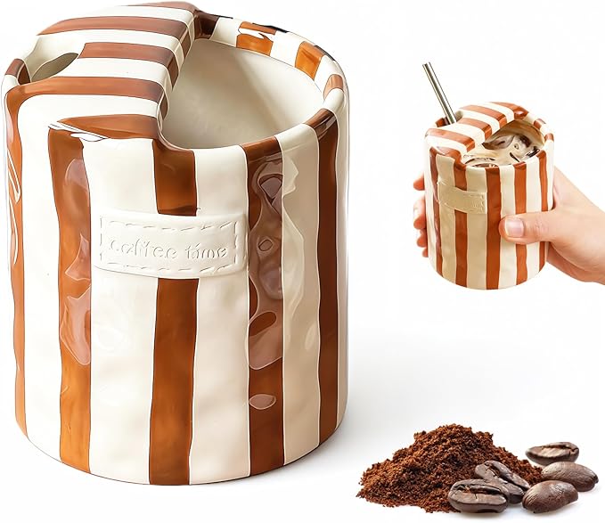 Shelprojsu 10oz Ceramic Coffee Mug,Retro Striped Coffee Cups,with Sip hole Espresso Ceramic Cup,novelty Hand-Painted Striped Travel Mugs-ideal Gift for Coffee Lovers (Brown)