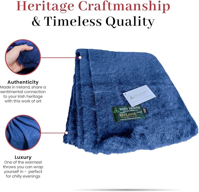 Biddy Muprhy Ultra Soft Irish Mohair & Wool Throw Blanket, Made in Ireland, 54"x72", Solid Blue
