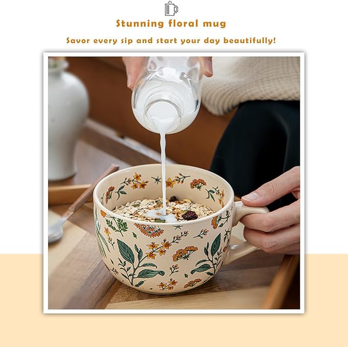 Ceramic Mugs for Men & Women, Unique Microwave & Dishwasher Safe Tea/Coffee Rustic Stoneware Cups for Office & Home (Summer Whispe Breakfast Mug)
