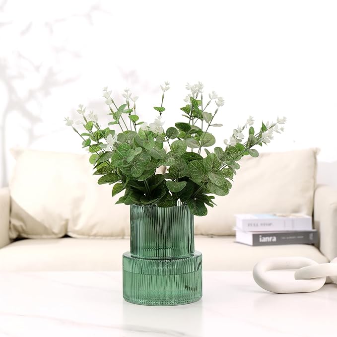 Green Glass Vase, Ribbed Glass Vase for Tulips, Flower Vases for Bouquet, Green Modern Vases for Living Room, Dining Table, Entryway, Mantle, Shelf, Wedding, Office, 7.5 Inches