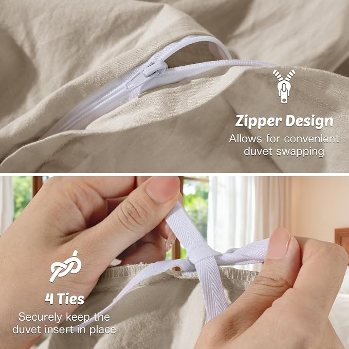 100% Linen Duvet Cover Set King Size, Natural French Flax Linen Comforter Cover, Soft & Breathable for Hot Sleepers with Zipper Closure & 4 Corner Ties - 3 Piece (Linen,King)