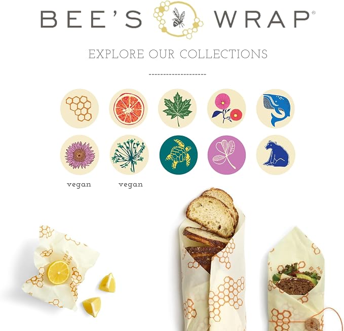 Bee's Wrap Vegan Beeswax Wraps for Food - 3 Pack of Assorted Beeswax Wraps - Small, Medium & Large Wrap - Plastic Free Made in USA Reusable Natural Food Wrap - Meadow Magic Print