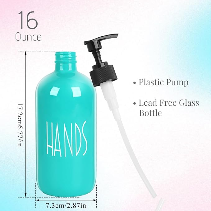 Glass Soap Dispenser with Plastic Pump for Kitchen - 16 OZ Glass Hand, Dish Soap Dispenser Set - Kitchen, Bathroom Decor and Accessories (Teal)