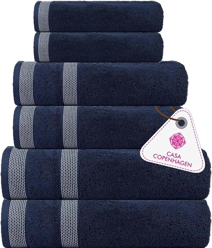 CASA COPENHAGEN Solitaire 6Pcs 100% Egyptian Cotton Large Designer Towels Gift Set- Navy Blue, 600GSM, 2Bath 2Hand 2Washcloths, Bath Towels for Bathroom Set for Women & Men