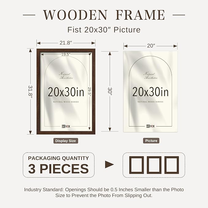 VCK 20x30 Poster Frame 3 Pack - Brown Solid Wood Picture Frames, Exclusive Wood Grain Picture Frames, Wall Hanging
