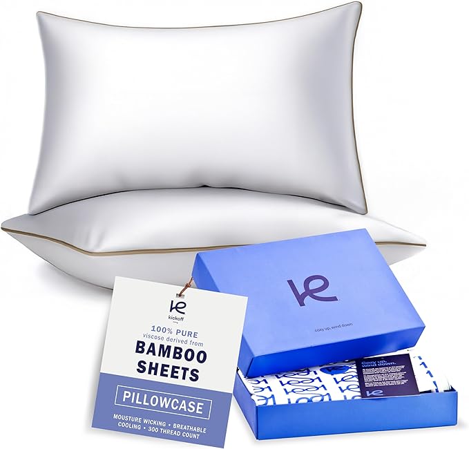 Kickoff Viscose Bamboo Pillowcase, King, Set of 2, 100% Organic Hidden Zippered Viscose Bamboo Pillow Case King Size, Cooling Pillow Cover for Hot Sleepers (20"x40", Trimmed, Iced Latte)