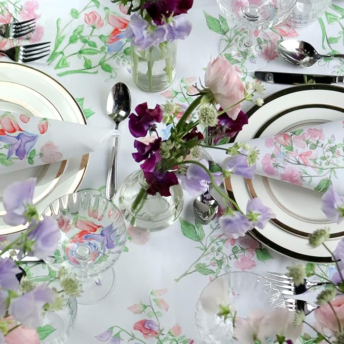 Huddleson Sweet Pea Floral Print Linen Napkin 20x20 (Set of Four) Luxury Italian Linen Napkin Sewn in US