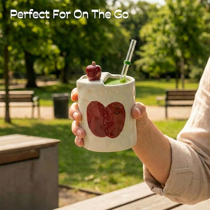 Ceramic Travel Mug with Half Lid, Apple Design Handmade Pottery Coffee Cup 12oz, Kawaii Reusable Coffee & Tea Tumbler, Microwave & Dishwasher Safe