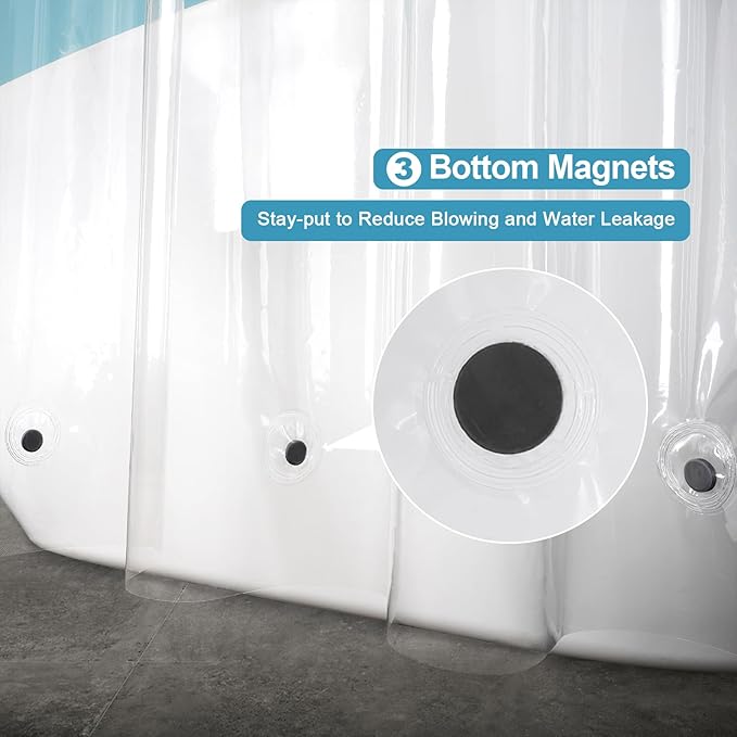 EurCross 48 x 84 inch Extra Long Stall Shower Curtain Liner with 3 Magnet Weights and Hooks, Heavy Duty Waterproof 9G PEVA Transparent Plastic Long Stall Shower Curtain, 8 Metal Grommets.