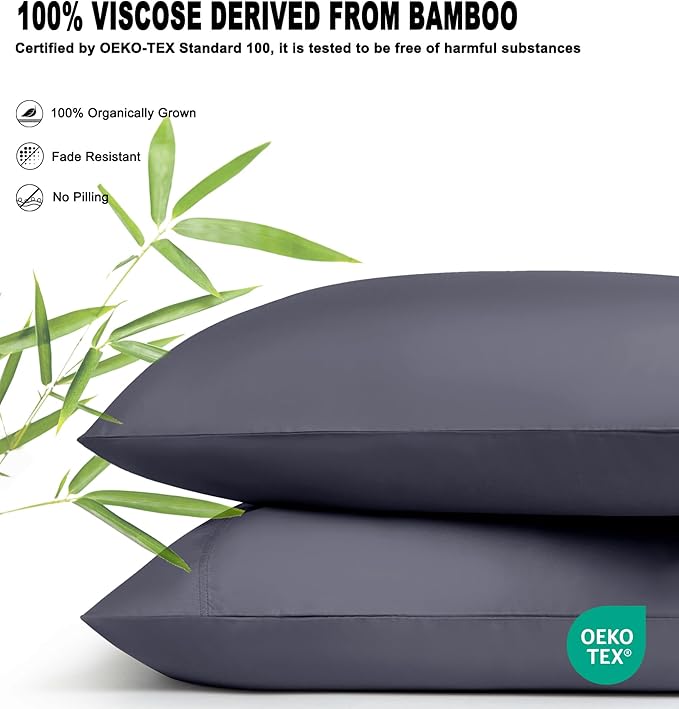 100% Rayon Derived from Bamboo Pillowcases Queen Size Set of 2, Cooling Breathable Silky Pillow Cases, Dark Gray 20x30 Inches