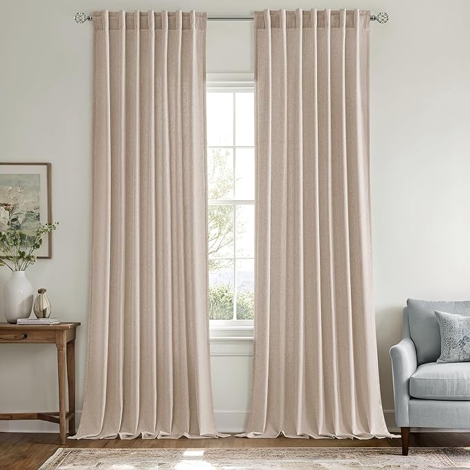 MIULEE Non-See-Through Privacy Linen Curtains 2 Panels, Light Filtering Window Curtains Farn House Textured Back Tab Semi Sheer Drapes for Bedroom Living Room, 52 x 96 Inches Long, Burlywood