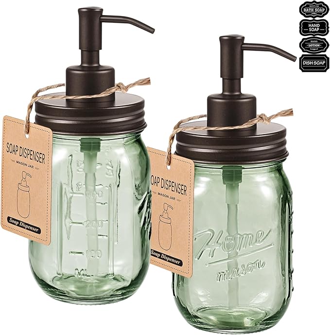 SheeChung Mason Jar Green Glass Soap Dispenser, Stainless Steel Pump, Refillable Dish soap Dispenser for Kitchen, 16Oz Bathroom Hand Soap Dispenser for Lotion, Liquid, Farmhouse Decor-Bronze, 2 Pack