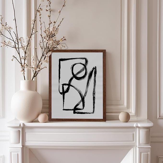 Monem Art Black and White Abstract Line Art Print - Minimalist Monochrome Brushstroke Art Poster - Wall Decor for Living Room, Bedroom or Office - 12x16 Brown Framed Wall Art by Mareike Bohmer