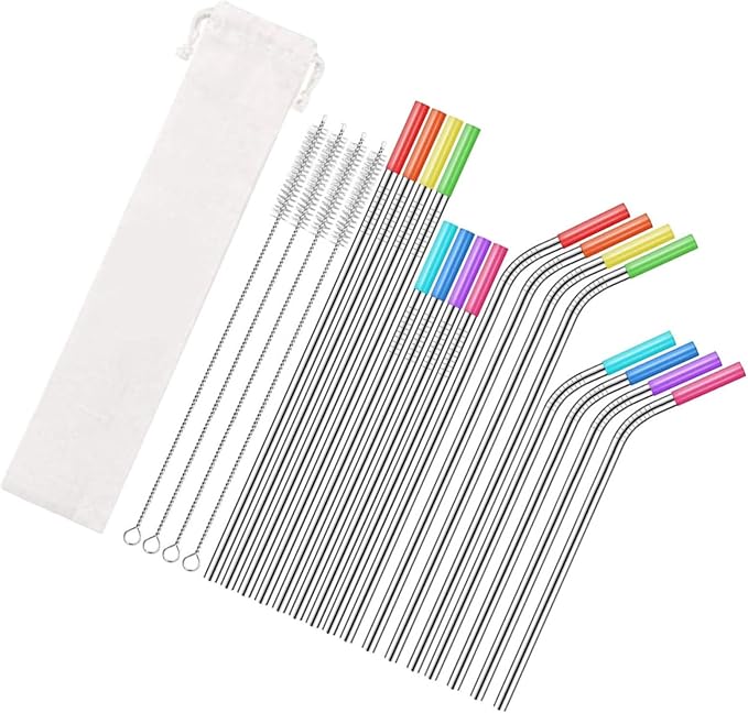 37pcs Stainless Steel Reusable Straws Set with Cleaning Brush and Carrying Bag for Party Drinks and Birthday Supplies