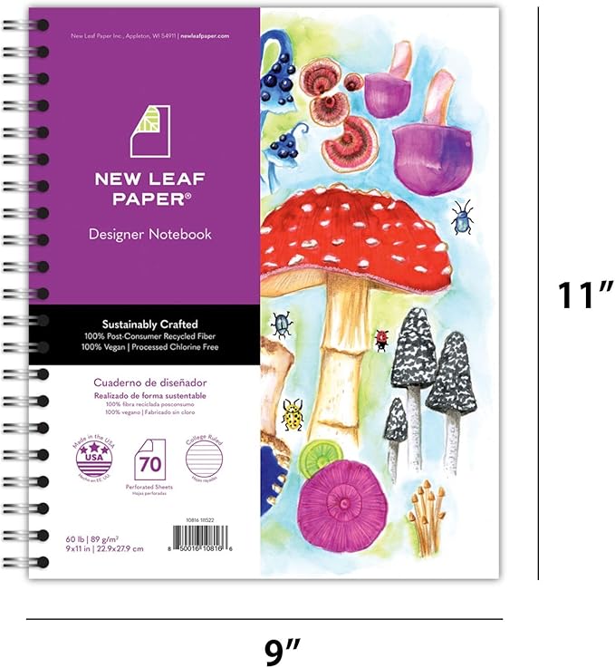 Large Spiral Bound Recycled Notebook, Mushrooms Design, 11" x 9", 70 Sheets, Double-Wire, College Ruled, Vegan, Made in USA