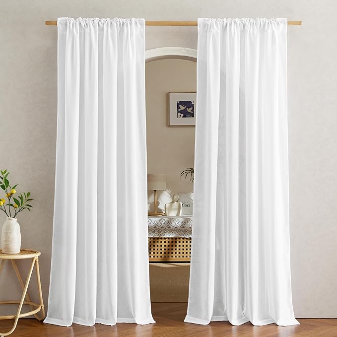 NICETOWN White Linen 120 inch Curtains 2 Panels, Rod Pocket & Back Tab Thick Flax Semi Sheer Window Treatments Privacy Assured with Light Filtering for Bedroom/Living Room, W55 x L120