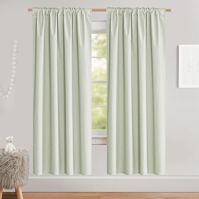 NICETOWN Light Green High-End Thermal Flax Linen Curtains, Full Blackout Privacy Drapes 72" Long for Dining Room, Soundproof Window Treatment Panels for Hall Room, 52" Wide Per Panel, Set of 2