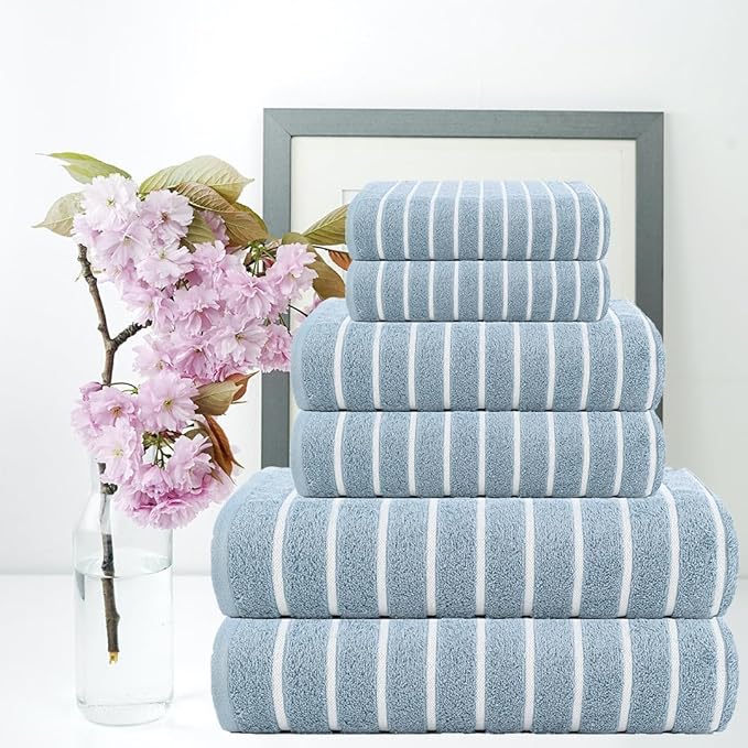 CASA COPENHAGEN Ecstatic 6Pcs 100% Egyptian Cotton Large Designer Towels Gift Set- Dusty Blue, 600GSM, 2Bath 2Hand 2Washcloths, Bath Towels for Bathroom Set for Women & Men