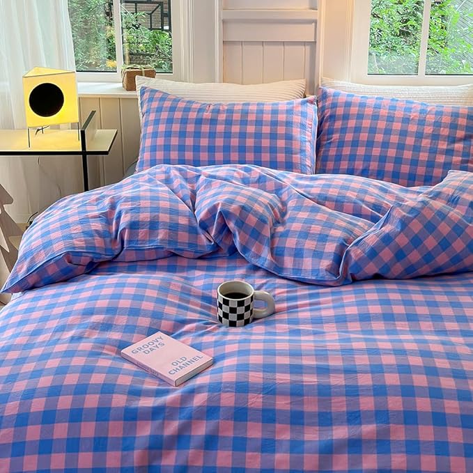 FACE TWO FACE Bedding Duvet Cover Set100% Washed Cotton Duvet Cover Linen Like Textured Breathable Durable Soft Comfy (Twin, Blue Purple Grid)