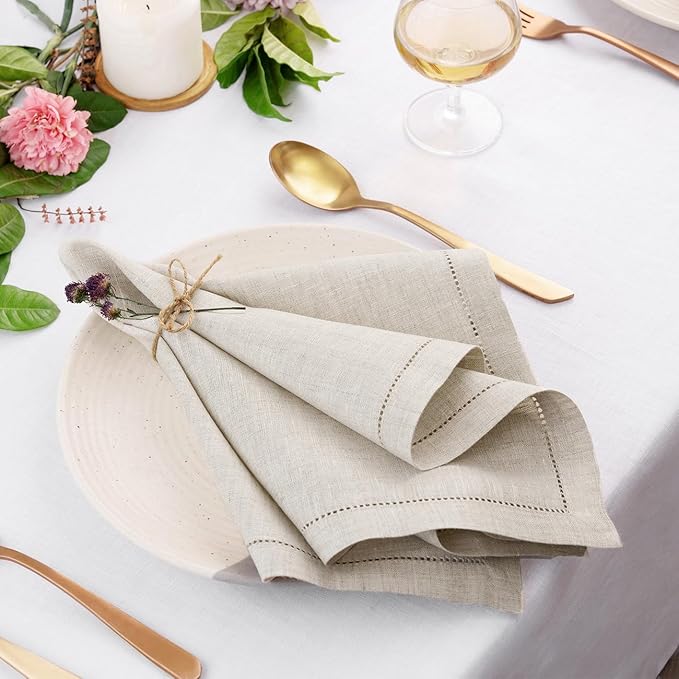 Signature Linen™ by D'Moksha Light Natural Dinner Napkins Set of 4, 20 x 20 Inch Cloth Napkins, 100% Pure Linen, Hemstitch, Machine Washable Table Napkins- Summer, Father's Day