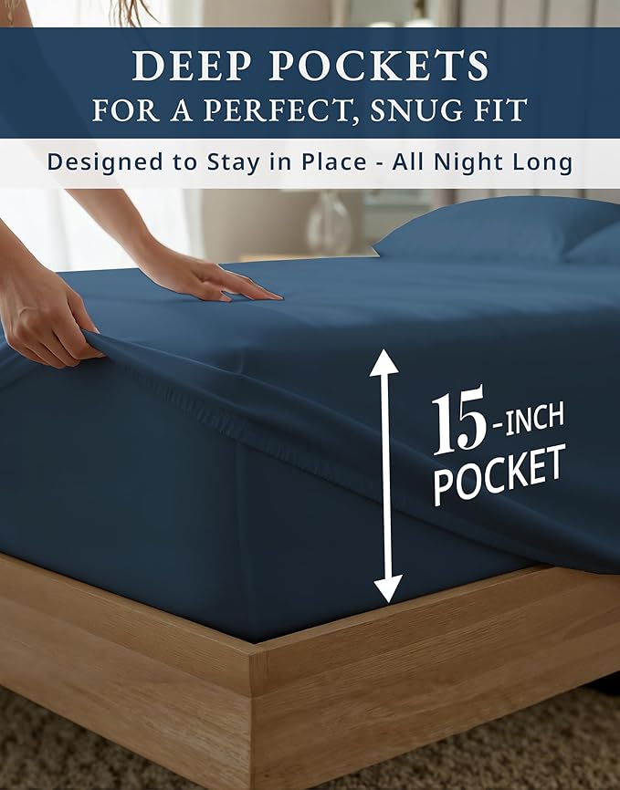 100% Egyptian Cotton Queen Bed Sheets Set - 1000 Thread Count Autthentic Long Staple Cotton Bed Sheets, Breathable Winter Comfort, Ultra-Soft Hotel Luxury Comfort with 15" Deep Pocket - Estate Blue