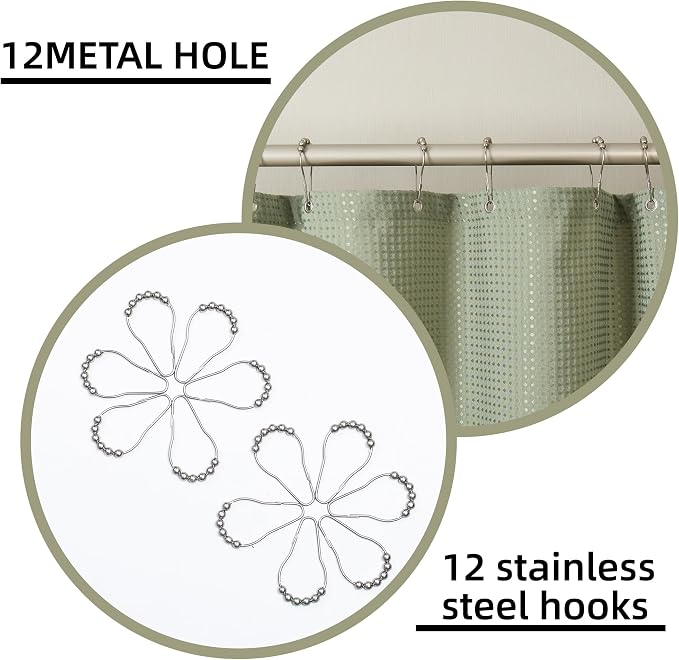 Sage Green Shower Curtain, 256GSM Heavy Duty Waffle Woven, Thick Fabric Shower Curtain for Bathroom, with 12 Stainless Steel Hooks, 72 x 72 inch, Green