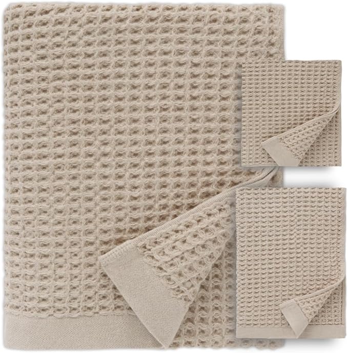 ONSEN Supima® Waffle Bath Sheet Set, Quick Dry Lint Free 100% USA Cotton, Large Bath Sheet Hand and Face Towel Bundle, 3 Piece (Oatmeal, Bath Sheet Set)