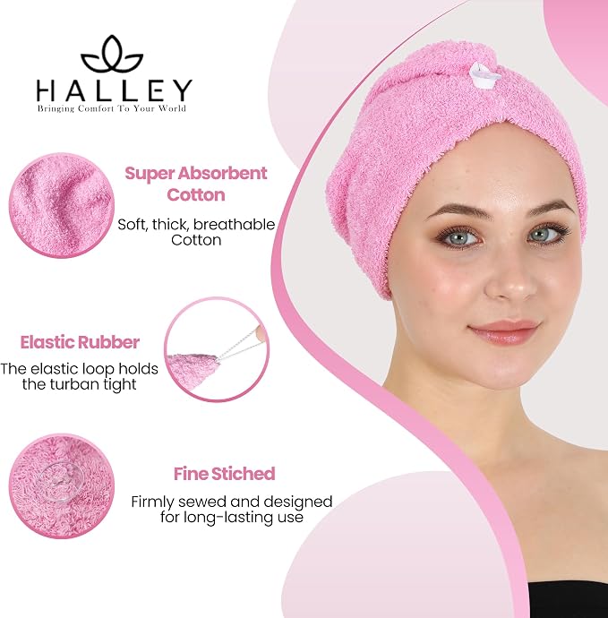 HALLEY Cotton Hair Towel Wrap (3 Packs) Super Absorbent Fast Drying Hair Towel for Thick Hair Turbans for Wet Hair with Button (Pink)