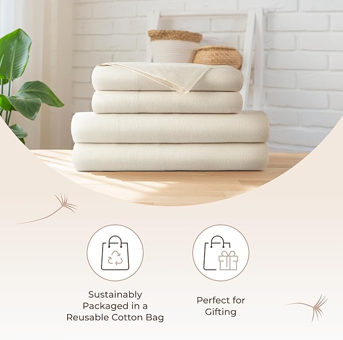 100% Organic Flannel Sheets Full Size - GOTS Certified 100% Cotton Flannel Sheets Set with Comfortable Soft Brushed Finish & Deep Pocket - 1 Flat 1 Fitted & 2 Pillowcases (Natural, Full)