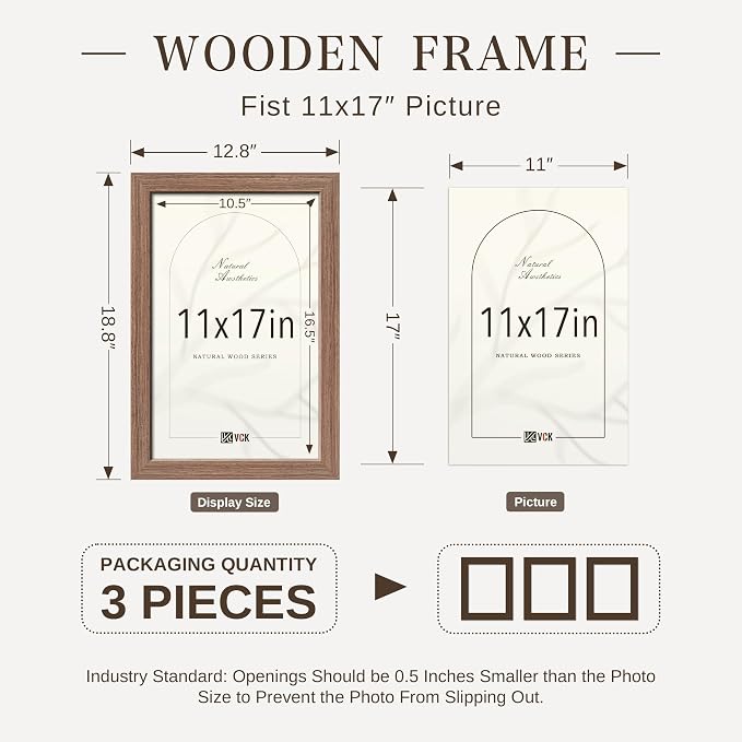 VCK 11x17 Picture Frame 3 Pack - Walnut Solid Wood Poster Frames, Textured Exclusive Wood Wall Gallery Frame
