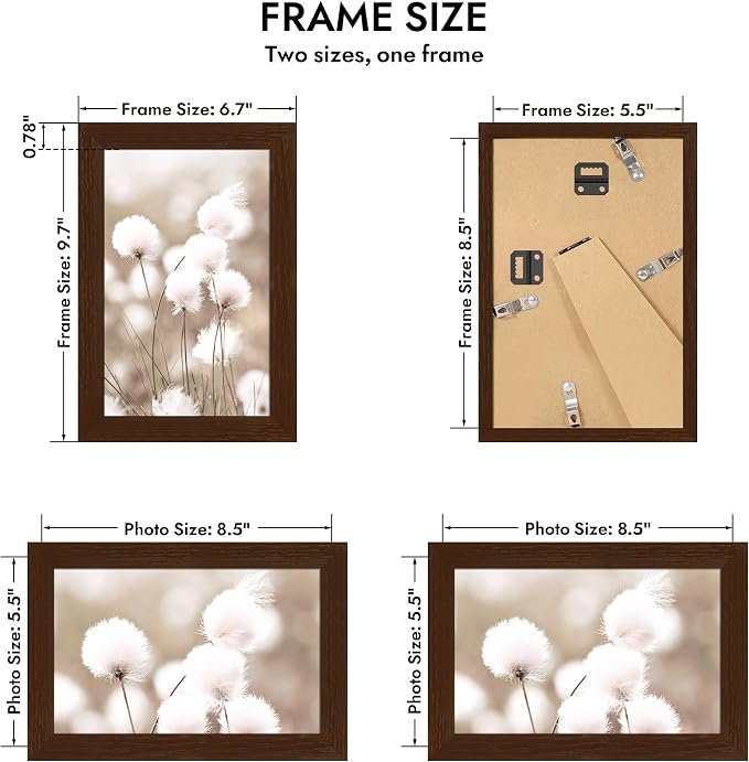 Hongkee 5.5x8.5 Oak Wood Picture Frame (1 Pack, Walnut) Real Glass Cover | 5.5 x 8.5 Solid Wood Frame for Wall or Tabletop Display - Includes Easel Back, Vertical Hang - Ideal for Home, Office