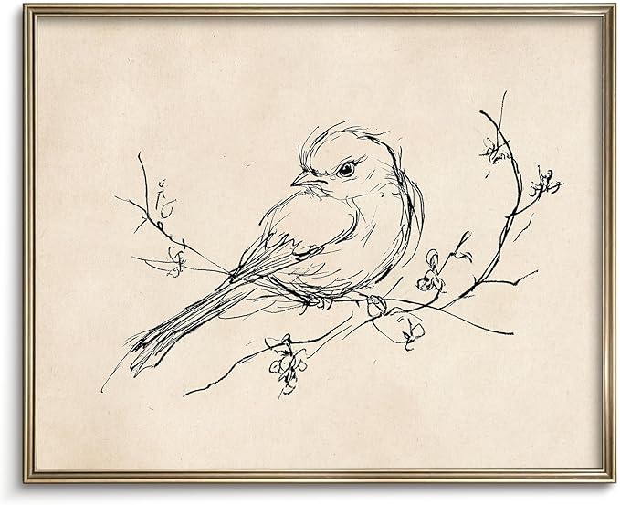 Vodefoad Vintage Sketch Bird Canvas Wall Art Minimalist Bird Sketch Art Prints Painting Retro Antique Nature Line Drawing Wall Picture Farmhouse Beige Decor for Gallary, Bedroom, Bathroom, Office, Desktop Decor - 8x10Inch Unframe
